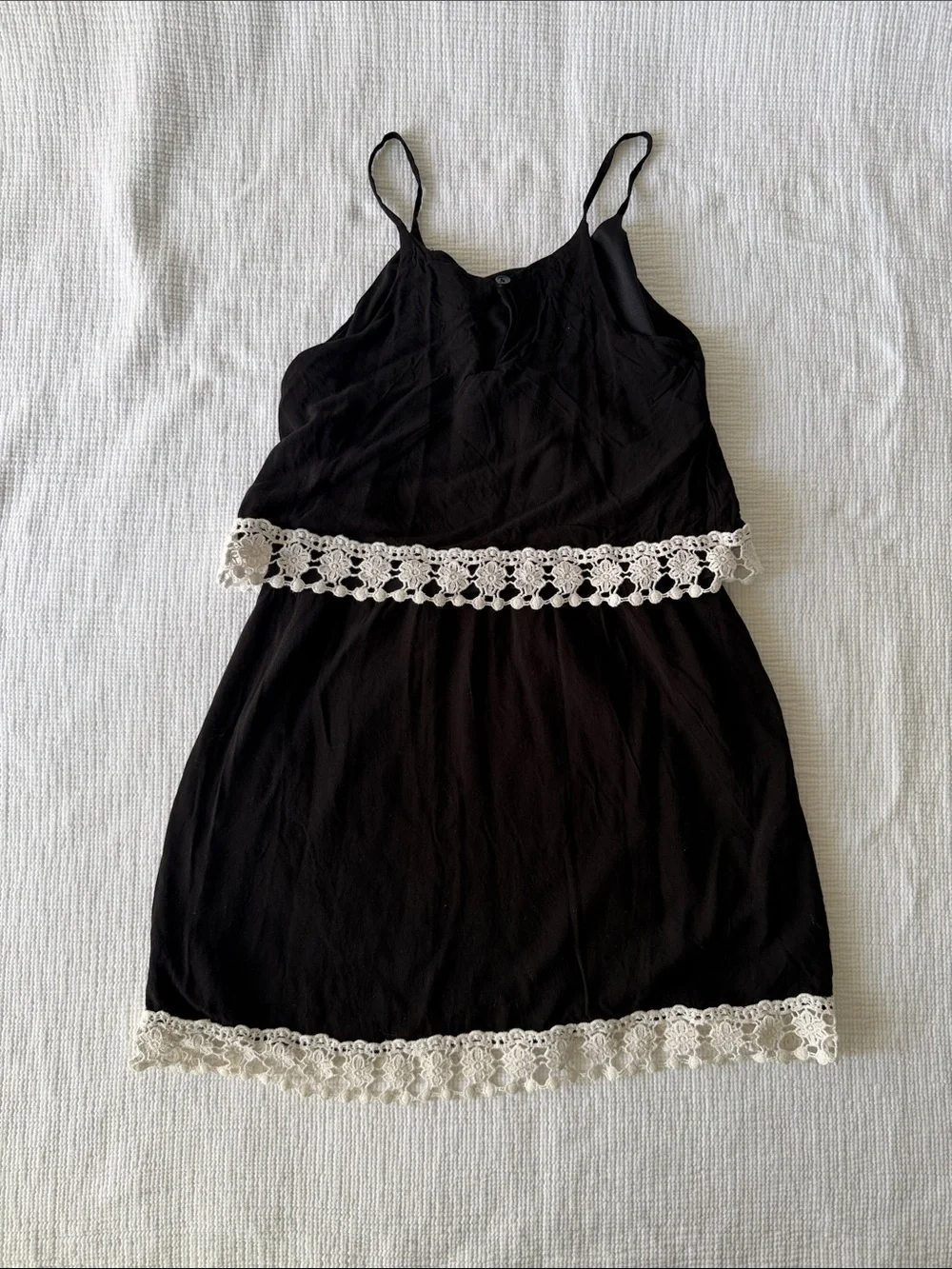 Aqua Black Girls Spaghetti Strap Dress with White Crochet Trim